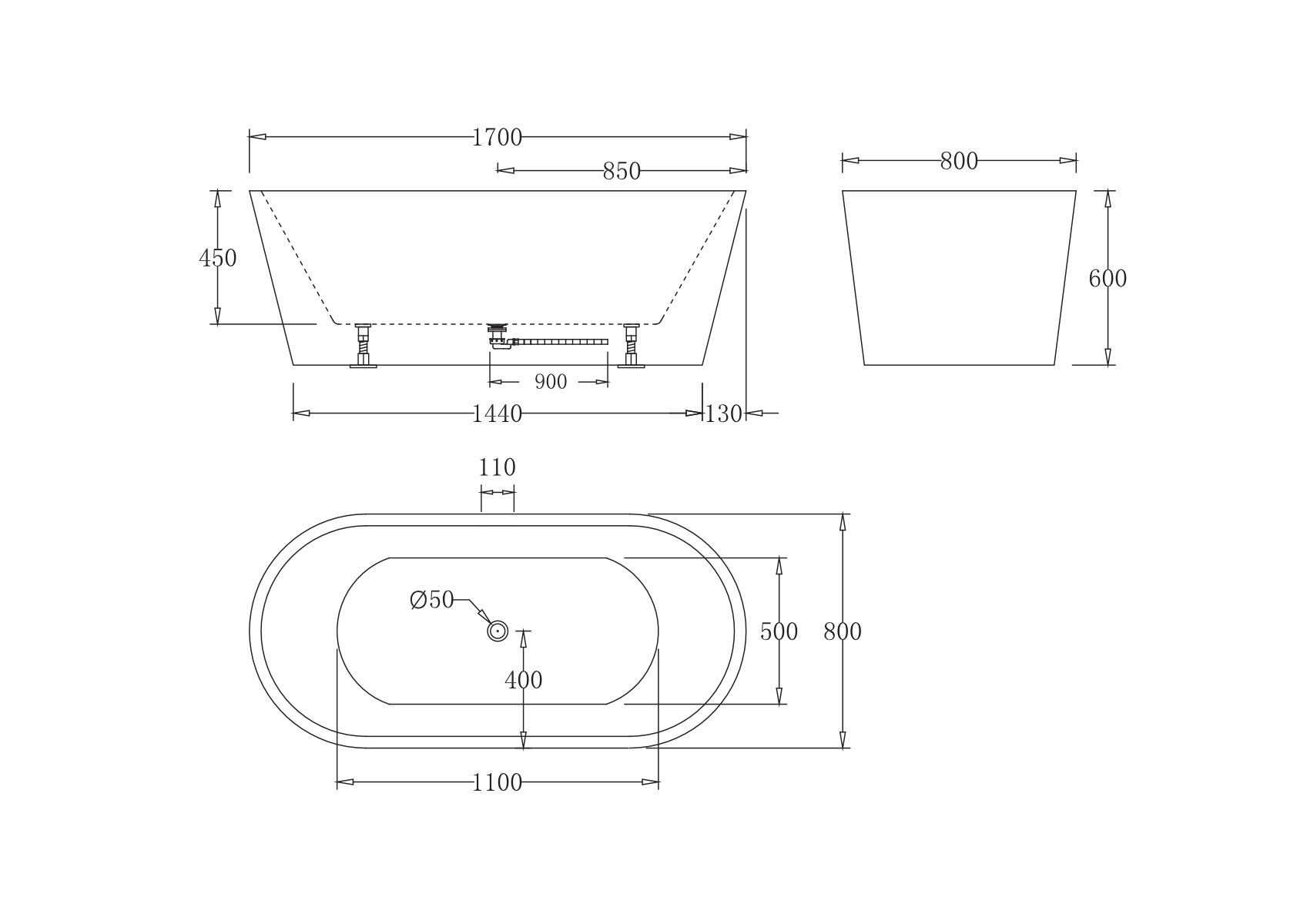 Ванна акриловая 170х80 без перелива BB71-1700-NERO-W0 BelBagno